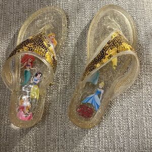 Disney Princess girls gold glitter & sequin jelly flip flops size 2
